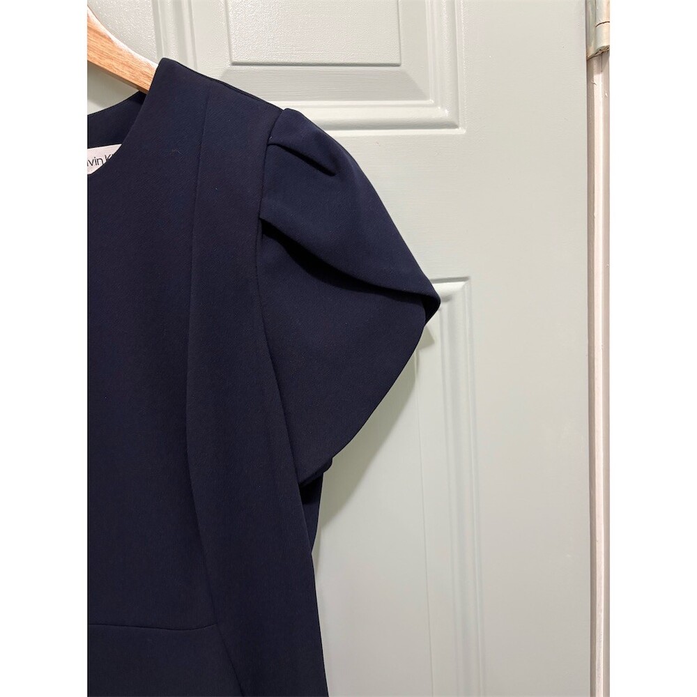 Calvin Klein Dress Womens Size 8 Navy Blue Sheath Midi Tulip Sleeve Zip - Picture 4 of 10